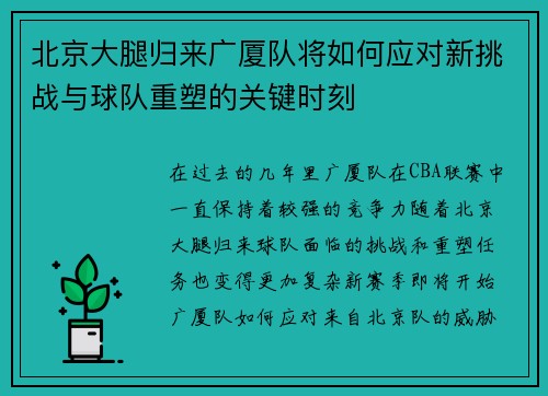 北京大腿归来广厦队将如何应对新挑战与球队重塑的关键时刻 北京大腿归来广厦队将如何应对新挑战与球队重塑的关键时刻