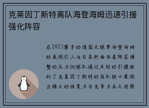克莱因丁斯特离队海登海姆迅速引援强化阵容